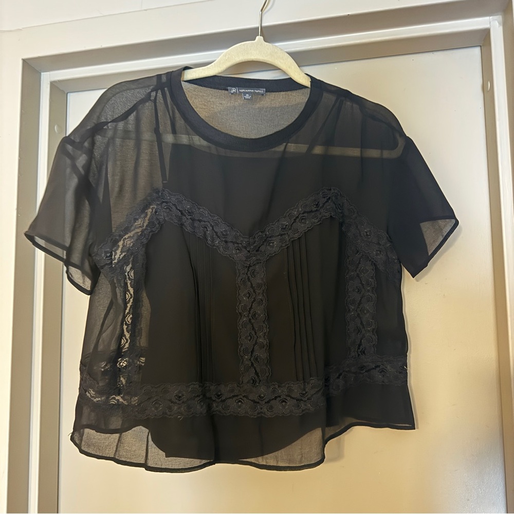 NWOT Adrianna Papell Black Sheer Lace Blouse